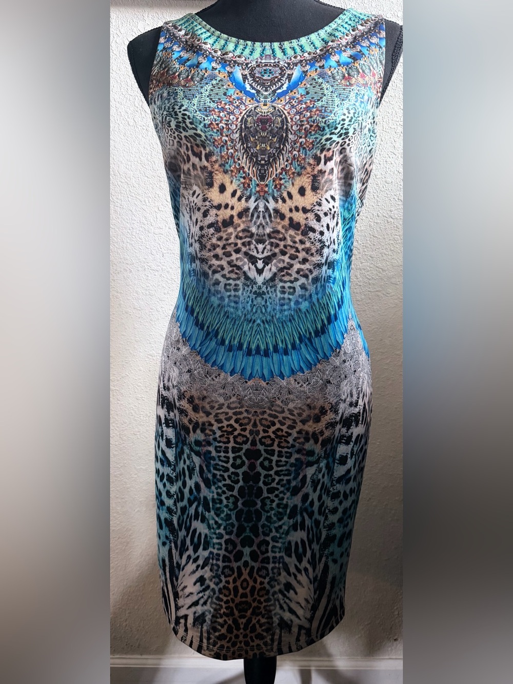 VENUS Turquoise Blue & Tan Animal & feather Print, sleeveless Mini Dress